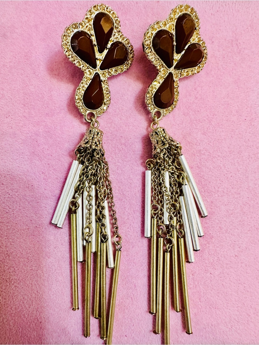 NWT Brown Crystal Gold Chain Chandelier Tassel Statement Earrings
